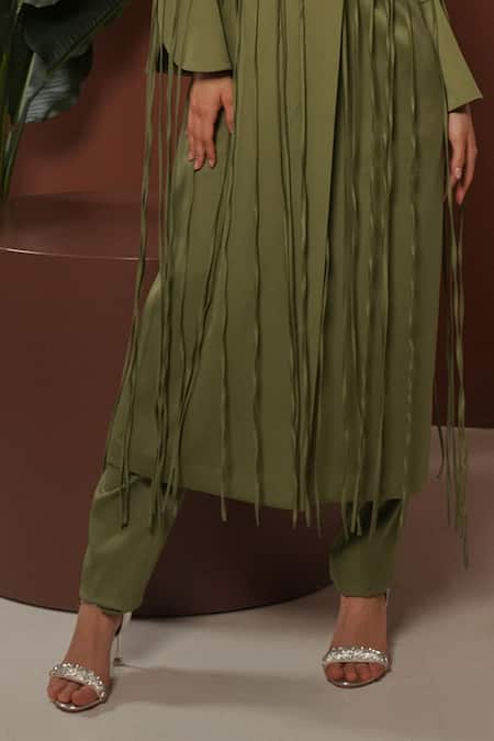 Vidhi Wadhwani_Green Crepe Sequins Fringe Woven Blazer And Pant Set _Online_at_Aza_Fashions