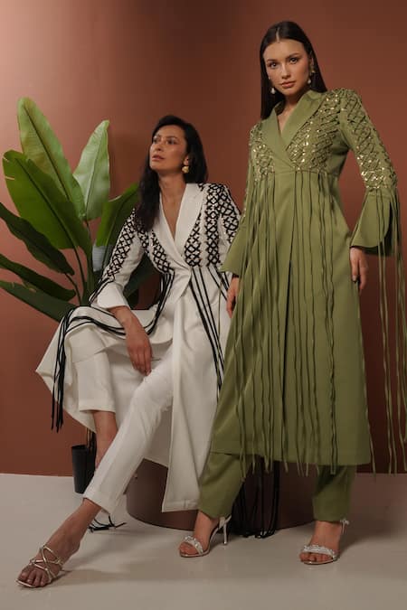 Shop_Vidhi Wadhwani_Green Crepe Sequins Fringe Woven Blazer And Pant Set _at_Aza_Fashions