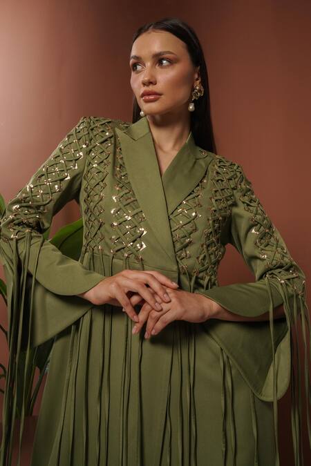 Buy_Vidhi Wadhwani_Green Crepe Sequins Fringe Woven Blazer And Pant Set _Online_at_Aza_Fashions