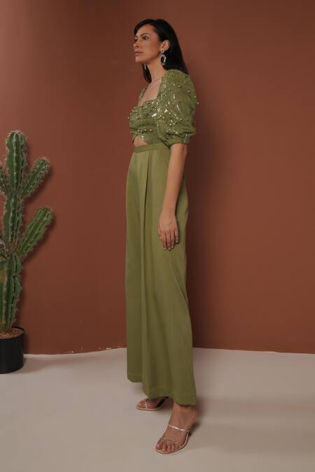 Buy_Vidhi Wadhwani_Green Sequins, Applique Square Neck Jumpsuit _Online_at_Aza_Fashions