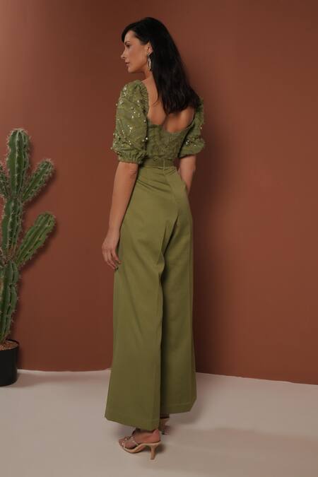 Shop_Vidhi Wadhwani_Green Sequins, Applique Square Neck Jumpsuit _at_Aza_Fashions