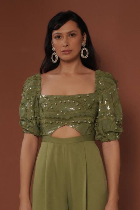 Shop_Vidhi Wadhwani_Green Sequins, Applique Square Neck Jumpsuit _Online_at_Aza_Fashions