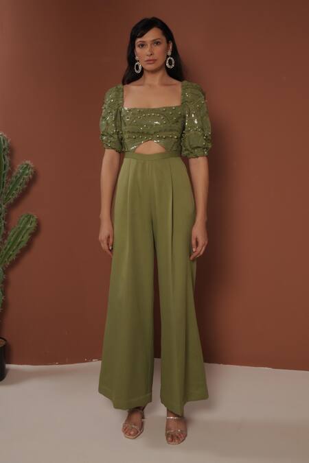Vidhi Wadhwani_Green Sequins, Applique Square Neck Jumpsuit _at_Aza_Fashions