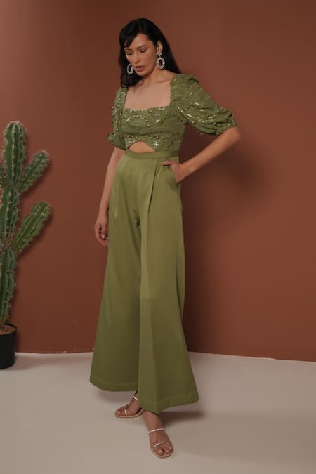Buy_Vidhi Wadhwani_Green Sequins, Applique Square Neck Jumpsuit 