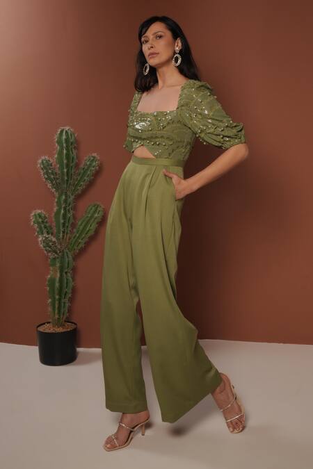 Shop_Vidhi Wadhwani_Green Sequins, Applique Square Neck Jumpsuit 
