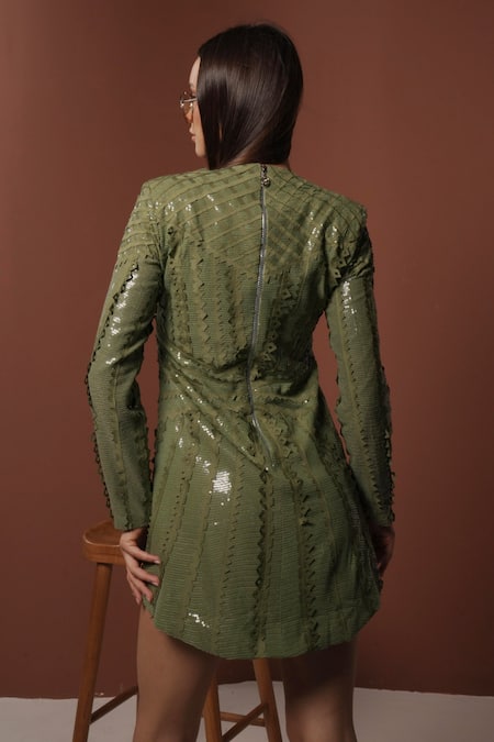 Shop_Vidhi Wadhwani_Green Sequins V-neck Shift Dress With Power Shoulder _at_Aza_Fashions