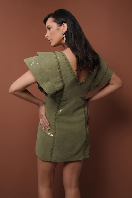 Shop_Vidhi Wadhwani_Green Sequins V-neck Structured Mini Dress With Applique _at_Aza_Fashions