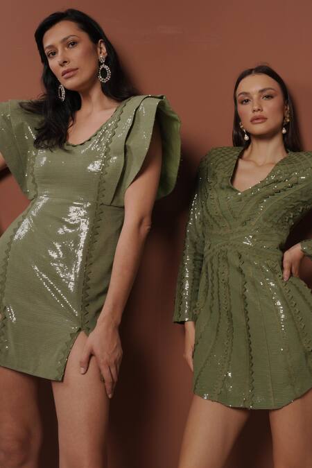 Vidhi Wadhwani_Green Sequins V-neck Structured Mini Dress With Applique _Online_at_Aza_Fashions