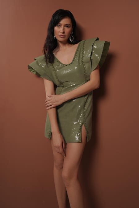 Vidhi Wadhwani_Green Sequins V-neck Structured Mini Dress With Applique _at_Aza_Fashions