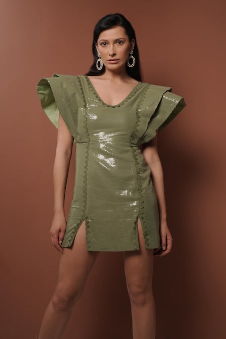 Shop_Vidhi Wadhwani_Green Sequins V-neck Structured Mini Dress With Applique 
