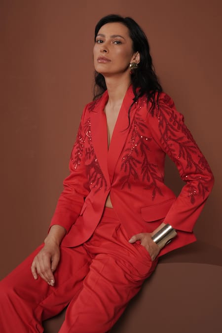 Buy_Vidhi Wadhwani_Red Crepe, Polyester Sequins Floral Embroidered Blazer Set _Online_at_Aza_Fashions