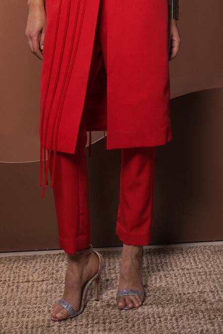 Vidhi Wadhwani_Red Crepe, Polyester Embroidery 3d Coral Motif Blazer And Narrow Pants _Online_at_Aza_Fashions
