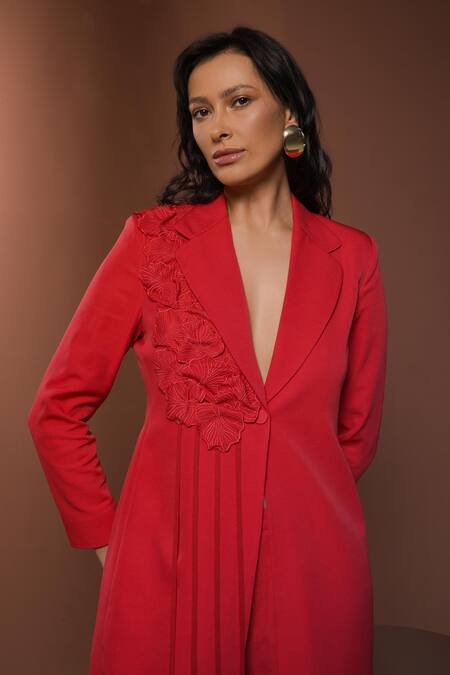 Buy_Vidhi Wadhwani_Red Crepe, Polyester Embroidery 3d Coral Motif Blazer And Narrow Pants _Online_at_Aza_Fashions