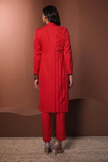 Shop_Vidhi Wadhwani_Red Crepe, Polyester Embroidery 3d Coral Motif Blazer And Narrow Pants _at_Aza_Fashions