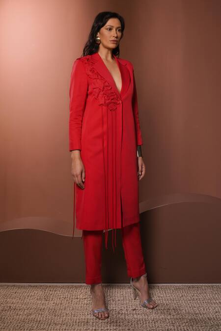 Shop_Vidhi Wadhwani_Red Crepe, Polyester Embroidery 3d Coral Motif Blazer And Narrow Pants _Online_at_Aza_Fashions
