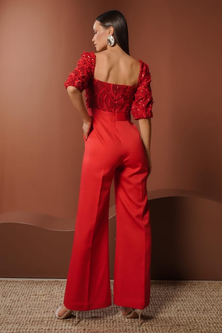 Vidhi Wadhwani Red Sequinned Applique Jumpsuit 