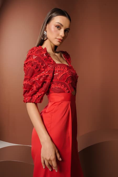 Vidhi Wadhwani_Red Crepe Sequins, Applique Square Neck Jumpsuit _Online_at_Aza_Fashions
