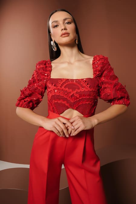 Shop_Vidhi Wadhwani_Red Crepe Sequins, Applique Square Neck Jumpsuit _Online_at_Aza_Fashions