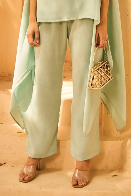 Tasuvure Indes Blue Satin Sequins Embroidered Cape And Pant Set Online at Aza Fashions Tasuvure Indes_Blue Satin Sequins Embroidered Cape And Pant Set_Online_at_Aza_Fashions