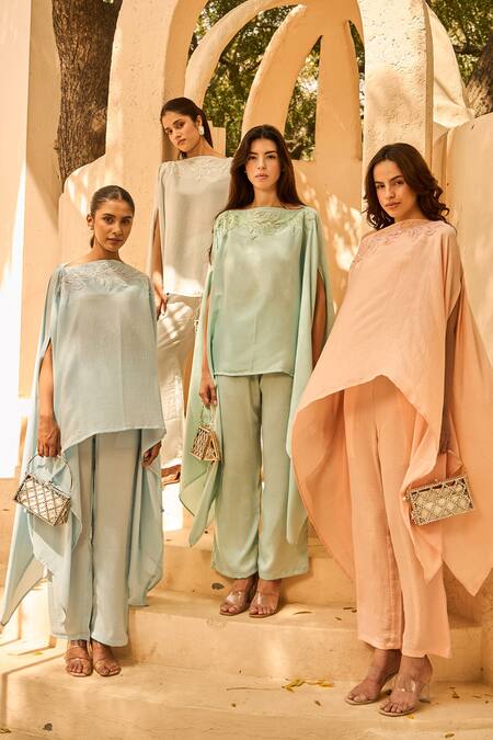 Shop Tasuvure Indes Blue Light Sequins Embroidered Cape And Pant Set Online at Aza Fashions Shop_Tasuvure Indes_Blue Light Sequins Embroidered Cape And Pant Set_Online_at_Aza_Fashions