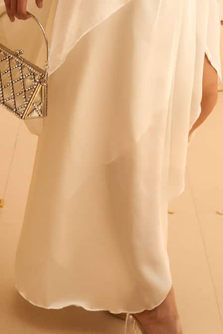 Tasuvure Indes_White Chiffon Embroidery, Mirrors Round Neck, Kaftan Set With Drape Skirt _Online_at_Aza_Fashions