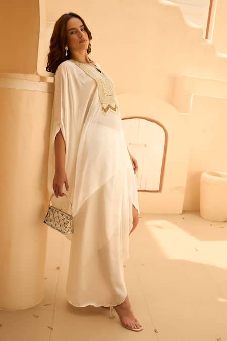Tasuvure Indes_White Chiffon Embroidery, Mirrors Round Neck, Kaftan Set With Drape Skirt _at_Aza_Fashions