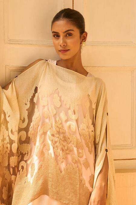 Tasuvure Indes_Beige Embroidery Round Neck Ombre Cape Maxi Dress_Online_at_Aza_Fashions