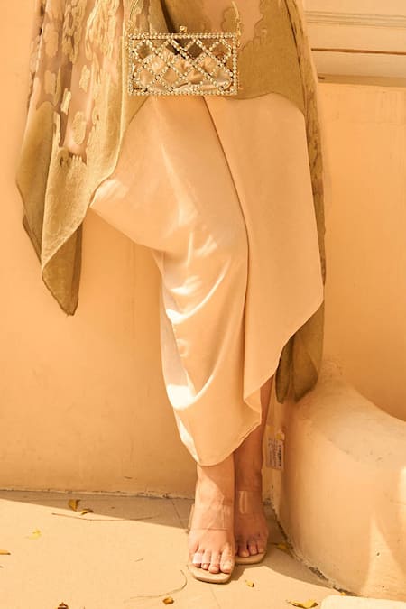Tasuvure Indes_Beige Embroidery Round Neck Ombre Cape And Slip Dress Set _Online_at_Aza_Fashions