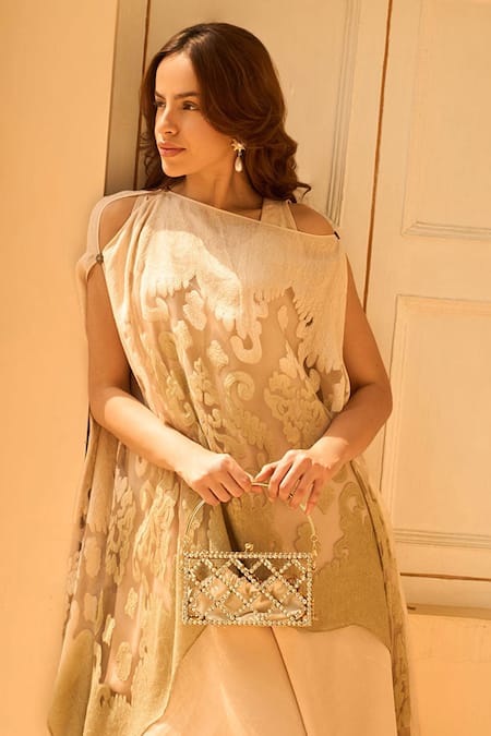Buy_Tasuvure Indes_Beige Embroidery Round Neck Ombre Cape And Slip Dress Set _Online_at_Aza_Fashions