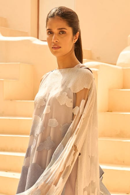 Tasuvure Indes Blue Embroidery Round Neck Ombre Cape With Slip Dress Online at Aza Fashions Tasuvure Indes_Blue Embroidery Round Neck Ombre Cape With Slip Dress _Online_at_Aza_Fashions