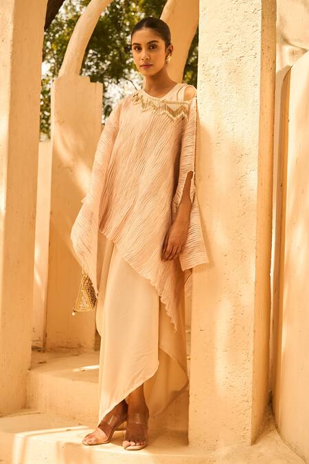 Shop_Tasuvure Indes_Blush Beads Asymmetric Satin Cape And Dress Set_Online_at_Aza_Fashions