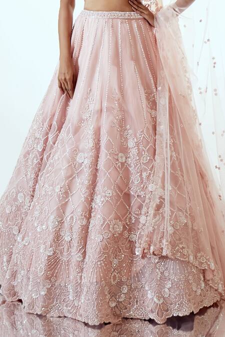 Buy_Pallavi Poddar_Pink Organza, Tulle Sequins, Pearls, Embroidery Halter Embellished Lehenga Set _Online_at_Aza_Fashions