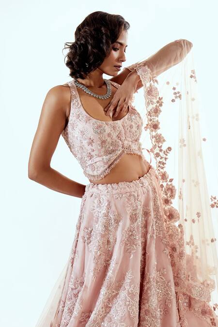 Buy_Pallavi Poddar_Pink Organza, Tulle Pearls, Sequins Round Neck Embroidered Lehenga Set _Online_at_Aza_Fashions