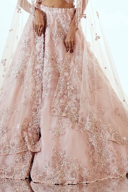 Shop_Pallavi Poddar_Pink Organza, Tulle Pearls, Sequins Round Neck Embroidered Lehenga Set _Online_at_Aza_Fashions