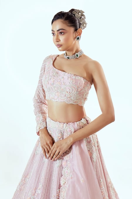 Buy Pallavi Poddar Pink Organza Embroidery, Sequins Asymmetric Lehenga Set Online at Aza Fashions Buy_Pallavi Poddar_Pink Organza Embroidery, Sequins Asymmetric Lehenga Set _Online_at_Aza_Fashions