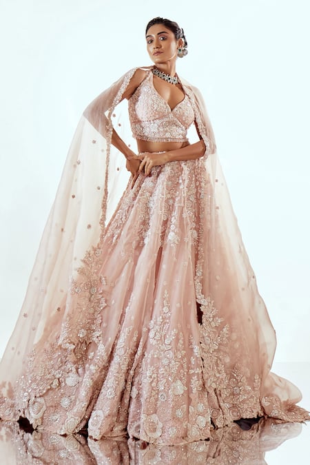 Pallavi Poddar Applique Embellished Pink Organza Lehenga Set 