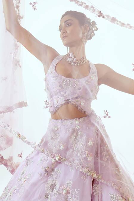 Buy_Pallavi Poddar_Purple Organza Embroidery Scoop Neck Lavender Lehenga Set _Online_at_Aza_Fashions