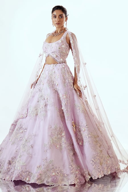 Pallavi Poddar Lavender Organza Embroidered Lehenga Set 