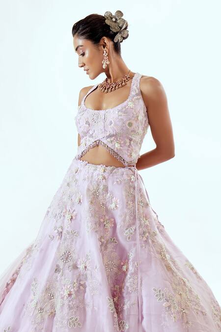 Pallavi Poddar_Purple Organza Embroidery Scoop Neck Lavender Lehenga Set _at_Aza_Fashions