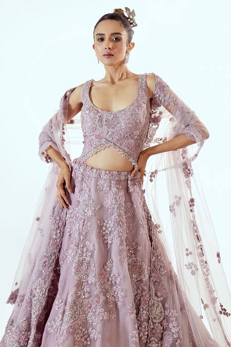 Buy_Pallavi Poddar_Purple Organza Sequins, Embroidery Scoop Neck Lavender Lehenga Set _Online_at_Aza_Fashions
