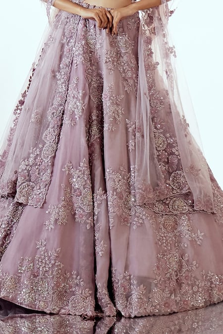 Shop_Pallavi Poddar_Purple Organza Sequins, Embroidery Scoop Neck Lavender Lehenga Set _Online_at_Aza_Fashions