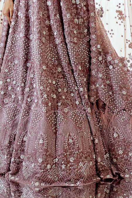 Shop_Pallavi Poddar_Purple Organza Sequins, Pearls Round Neck Lavender Lehenga Set _Online_at_Aza_Fashions