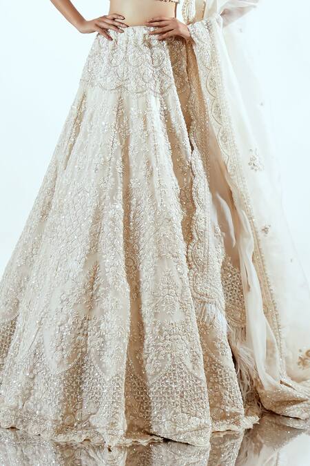 Buy_Pallavi Poddar_Ivory Organza Sequins, Embroidery V-neck Embellished Lehenga Set _Online_at_Aza_Fashions