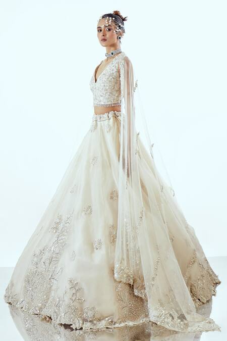 Buy Pallavi Poddar Ivory Organza Sequins, Zari, Embroidery V-neck Intricate Lehenga Set Online at Aza Fashions Buy_Pallavi Poddar_Ivory Organza Sequins, Zari, Embroidery V-neck Intricate Lehenga Set _Online_at_Aza_Fashions