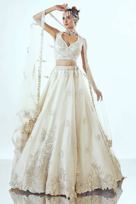 Shop Pallavi Poddar Ivory Organza Sequins, Zari, Embroidery V-neck Intricate Lehenga Set Online at Aza Fashions Shop_Pallavi Poddar_Ivory Organza Sequins, Zari, Embroidery V-neck Intricate Lehenga Set _Online_at_Aza_Fashions