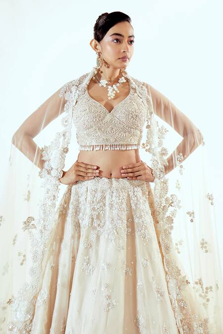 Buy Pallavi Poddar Ivory Organza Applique, Sequins, Embroidery Round Neck Lehenga Set Online at Aza Fashions Buy_Pallavi Poddar_Ivory Organza Applique, Sequins, Embroidery Round Neck Lehenga Set _Online_at_Aza_Fashions