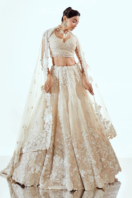 Pallavi Poddar Ivory Applique Organza Lehenga Set 