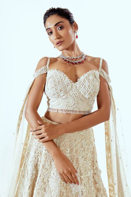 Pallavi Poddar_Beige Organza Embroidery Sweetheart Neck 3d Thread Work Lehenga Set _Online_at_Aza_Fashions