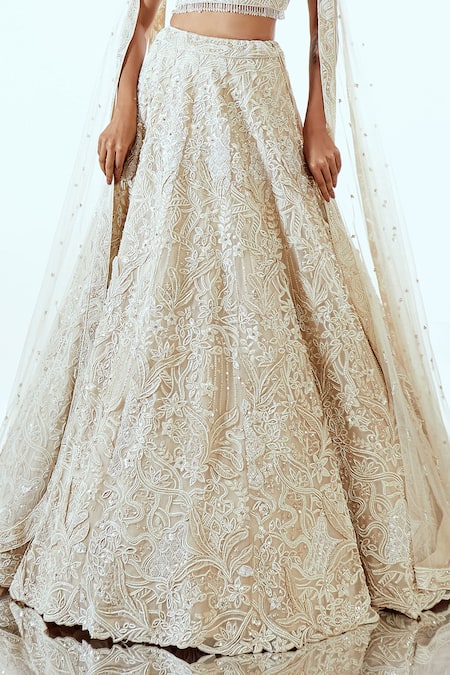 Buy_Pallavi Poddar_Beige Organza Embroidery Sweetheart Neck 3d Thread Work Lehenga Set _Online_at_Aza_Fashions