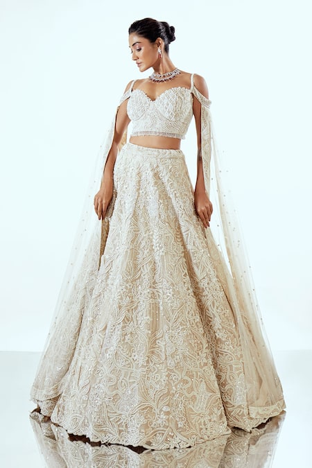 Pallavi Poddar Beige 3D Thread Work Lehenga Set 